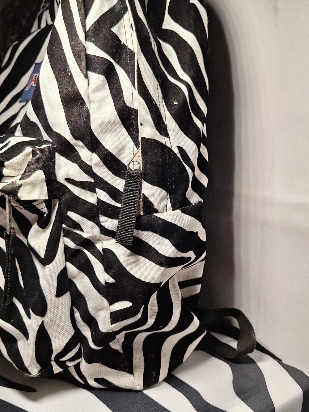 Jansport Backpack Zebra Black White, w/ Velvet-Like Soft Fuzzy Black Stripes - Picture 6 of 15